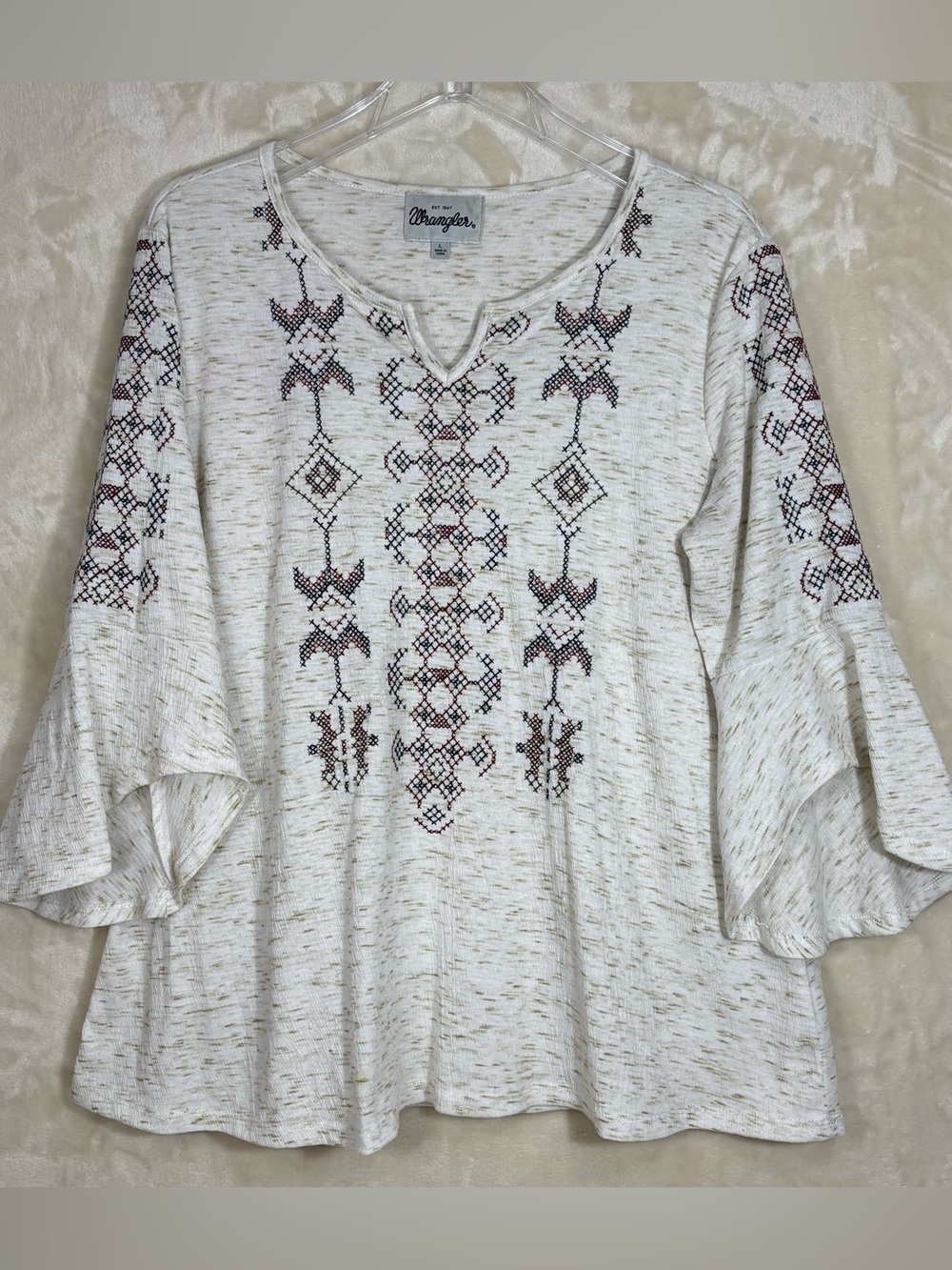 Wrangler Women’s Cream Tunic Embroidered Aztec Western Pattern Bell Sleeves Sz L